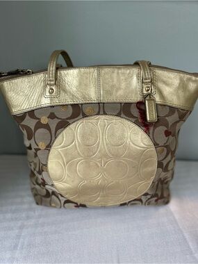 Coach Gold and Beige Signature Tote Bag - Women's Handbag